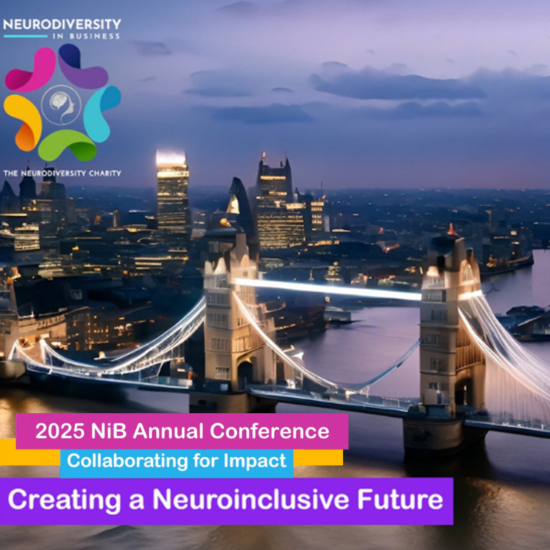 Image shows a photograph of Tower Bridge in London at dusk. The words '2025 NiB Annual Conference: Collaborating for Impact. London and Online 23 April 2025' are printed on the top right in white text on purple, yellow, and light blue stripes. In the bottom left, the text 'Creating a neuroinclusive future' is printed on a purple stripe.